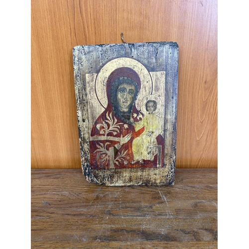 216 - Antique 1800's Restored Icon of Virgin Mary and Child (19 x 28cm)