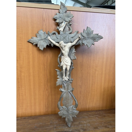 218 - Antique Late 19th Century Carved Wood Crucifix Cross (79 x 40cm)