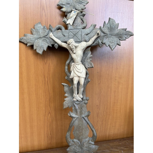 218 - Antique Late 19th Century Carved Wood Crucifix Cross (79 x 40cm)