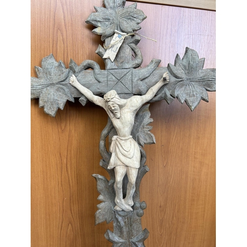 218 - Antique Late 19th Century Carved Wood Crucifix Cross (79 x 40cm)