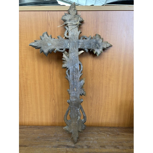 218 - Antique Late 19th Century Carved Wood Crucifix Cross (79 x 40cm)