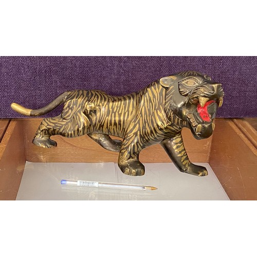 26 - Large Solid Brass Vintage Angry Tiger Sculpture Statue