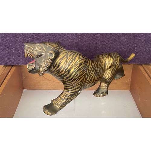 26 - Large Solid Brass Vintage Angry Tiger Sculpture Statue