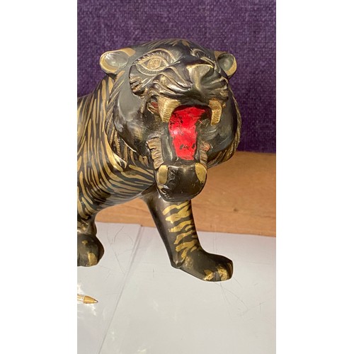 26 - Large Solid Brass Vintage Angry Tiger Sculpture Statue