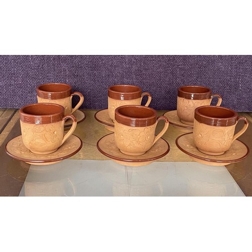 124 - Vintage Set of 6 Handmade Terracotta Clay Greek/Cypriot Espresso Coffee Cups and Saucers Signed 'Mos... 