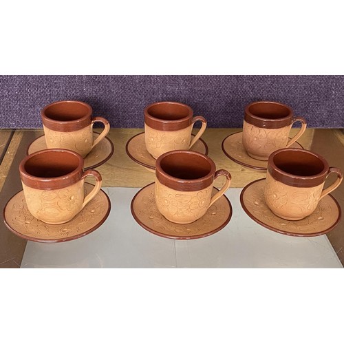 124 - Vintage Set of 6 Handmade Terracotta Clay Greek/Cypriot Espresso Coffee Cups and Saucers Signed 'Mos... 