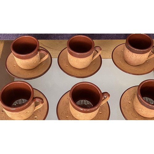 124 - Vintage Set of 6 Handmade Terracotta Clay Greek/Cypriot Espresso Coffee Cups and Saucers Signed 'Mos... 