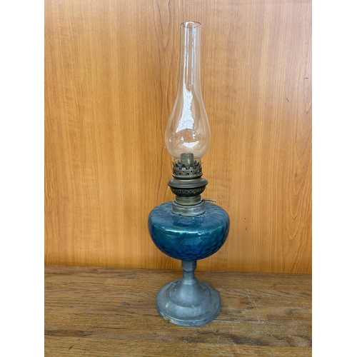 131 - Antique French Blue Oil Lamp with Metal Base (42cm H.)