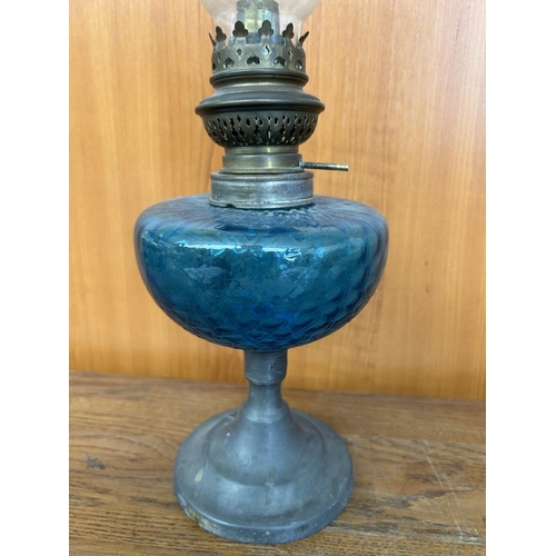 131 - Antique French Blue Oil Lamp with Metal Base (42cm H.)