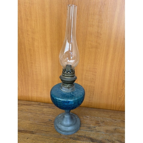 131 - Antique French Blue Oil Lamp with Metal Base (42cm H.)