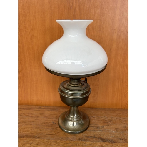 132 - Vintage Brass Based Oil Lamp with White Glass Shade (A/F - Glass Shade with Small Chip - 35cm H.)