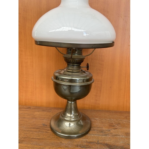 132 - Vintage Brass Based Oil Lamp with White Glass Shade (A/F - Glass Shade with Small Chip - 35cm H.)