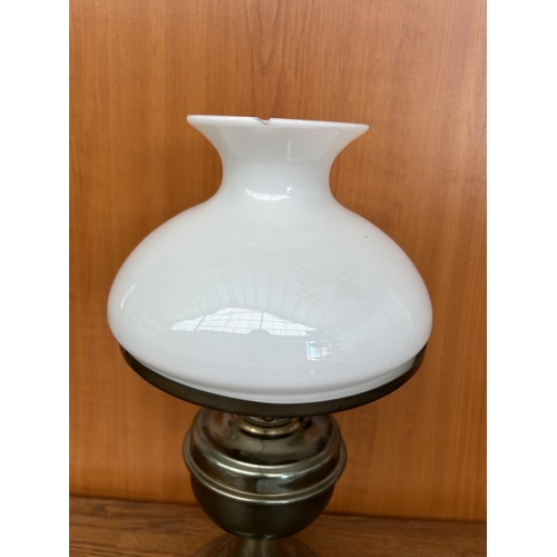 132 - Vintage Brass Based Oil Lamp with White Glass Shade (A/F - Glass Shade with Small Chip - 35cm H.)