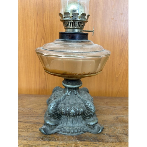 133 - Antique Oil Lamp with Pewter Base (43cm H.)