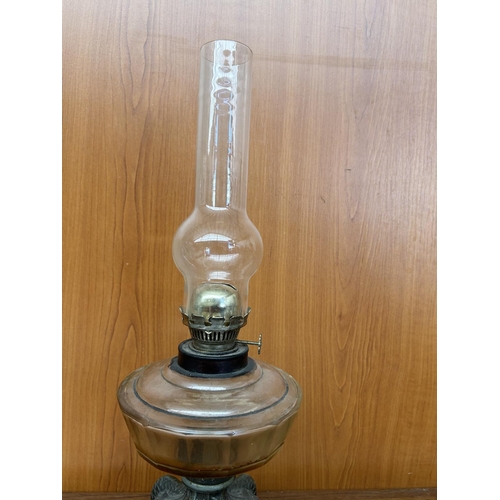 133 - Antique Oil Lamp with Pewter Base (43cm H.)