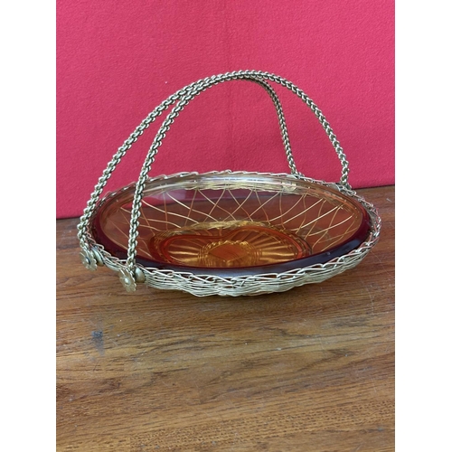 109 - Vintage 1960's Amber Color Glass Plate in Wired Handled Basket