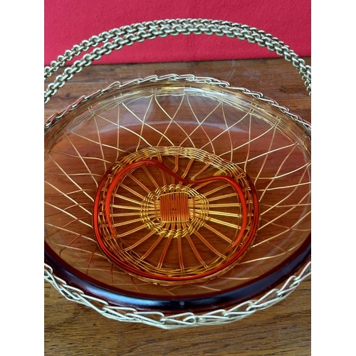 109 - Vintage 1960's Amber Color Glass Plate in Wired Handled Basket