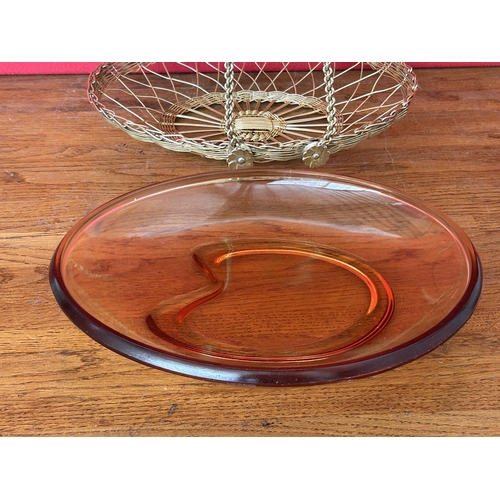 109 - Vintage 1960's Amber Color Glass Plate in Wired Handled Basket