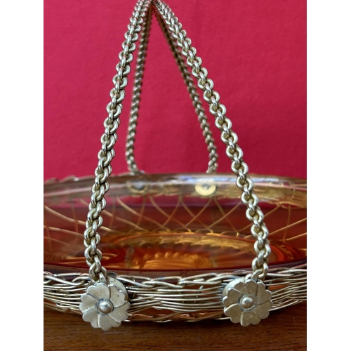 109 - Vintage 1960's Amber Color Glass Plate in Wired Handled Basket