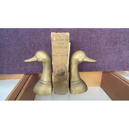 30 - Pair of Mid Century Solid Brass Duck Book Ends Together with 'A Century of Sea Stories' Vintage Book