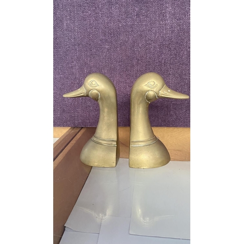 30 - Pair of Mid Century Solid Brass Duck Book Ends Together with 'A Century of Sea Stories' Vintage Book