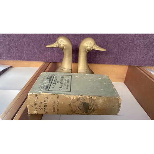 30 - Pair of Mid Century Solid Brass Duck Book Ends Together with 'A Century of Sea Stories' Vintage Book