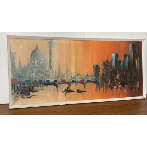 23 - Mid Century Large Colorful City Buildings Painting in Frame (94 x 44cm) Signed