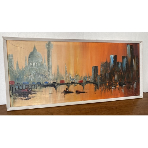 23 - Mid Century Large Colorful City Buildings Painting in Frame (94 x 44cm) Signed