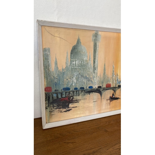 23 - Mid Century Large Colorful City Buildings Painting in Frame (94 x 44cm) Signed