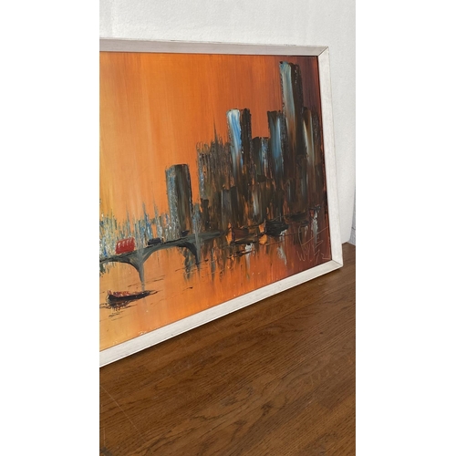 23 - Mid Century Large Colorful City Buildings Painting in Frame (94 x 44cm) Signed