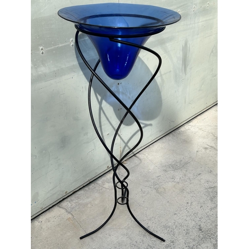 68 - Decorative Blue Flower Vase/Planter Pot on Metal Stand (100cm H.)