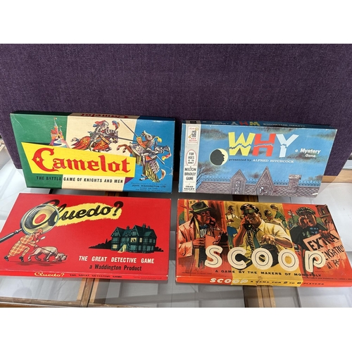 69 - x4 Vintage Board Games: 'Why' Mystery Game, 'Cludo', 'Camelot IV' and 'Scoop'