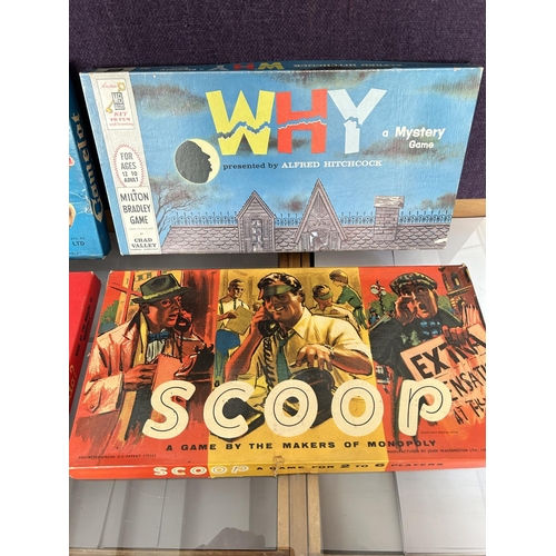 69 - x4 Vintage Board Games: 'Why' Mystery Game, 'Cludo', 'Camelot IV' and 'Scoop'