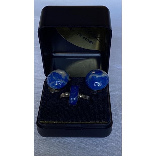 522 - Silver 925 Ring with Blue Stone Together with Matching Blue Clip-On Earrings