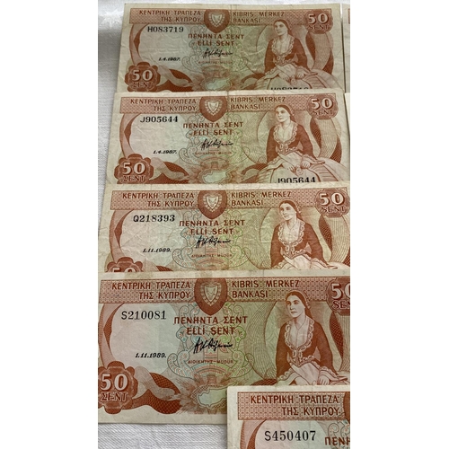 578 - Collection of 9 Central Bank of Cyprus 1987/89 50 Cent Banknotes