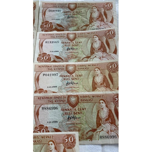 578 - Collection of 9 Central Bank of Cyprus 1987/89 50 Cent Banknotes