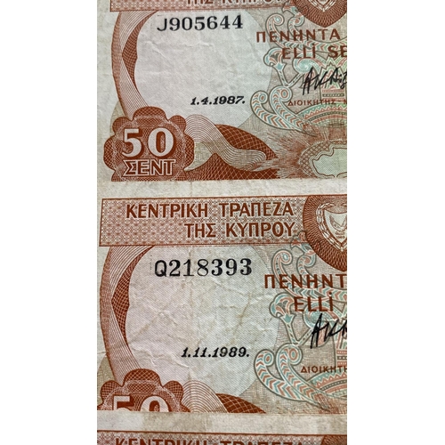 578 - Collection of 9 Central Bank of Cyprus 1987/89 50 Cent Banknotes