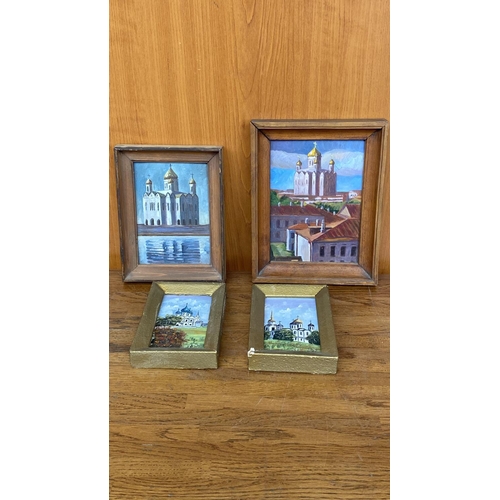 583 - x4 Small Vintage Russian Cityscape Churches Paintings Signed