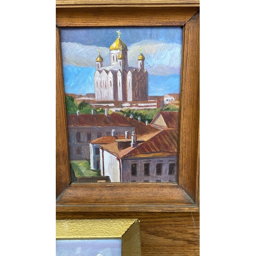 583 - x4 Small Vintage Russian Cityscape Churches Paintings Signed