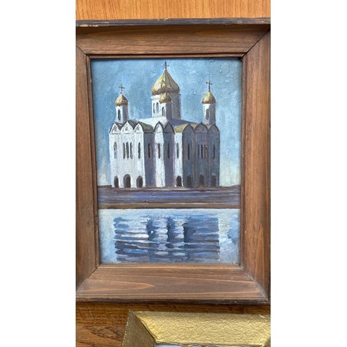 583 - x4 Small Vintage Russian Cityscape Churches Paintings Signed