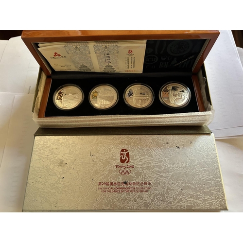 599 - China 2008 Beijing Olympic Games Official Commemorative Silver Four Coin Set, Cased with Certificate... 