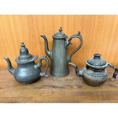 608 - x3 Very Old Pewter and Brass Tea Pots