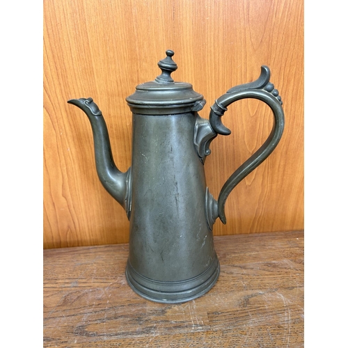 608 - x3 Very Old Pewter and Brass Tea Pots