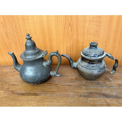 608 - x3 Very Old Pewter and Brass Tea Pots