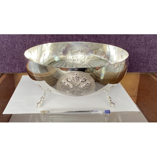 66 - Rare Large Vintage Cypriot Silver 800 Circular Footed Bowl Embossed with Two-Head Eagle, Winged Lion... 