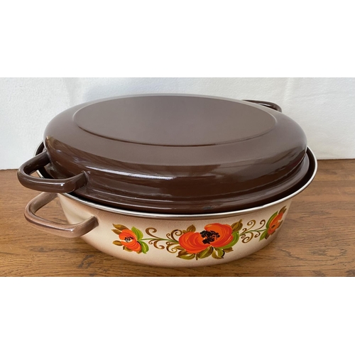 46 - Rare Vintage 1970's Large Enamelware Brown and Beige Porcelain Oval Roaster with Lid