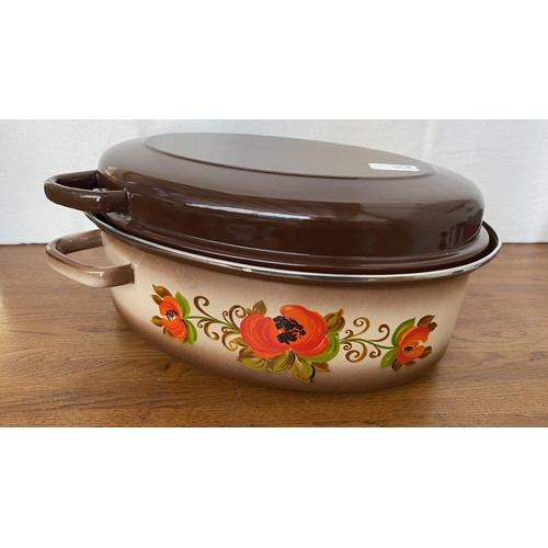 46 - Rare Vintage 1970's Large Enamelware Brown and Beige Porcelain Oval Roaster with Lid