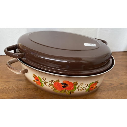 46 - Rare Vintage 1970's Large Enamelware Brown and Beige Porcelain Oval Roaster with Lid