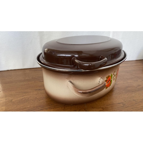 46 - Rare Vintage 1970's Large Enamelware Brown and Beige Porcelain Oval Roaster with Lid