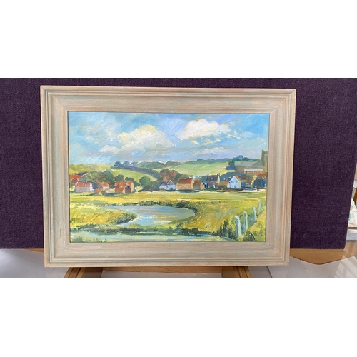 60 - Jane Pollock Oil on Board Painting of 'Salthouse (Norfolk) From the Marshes (73 x 52cm)